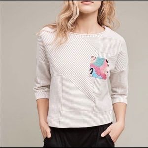 Anthropologie Split Back Embroidered Pocket Tee